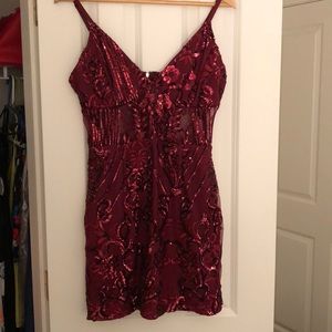 Burgundy Strappy Sheer Panel Sequin Bodycon Dress